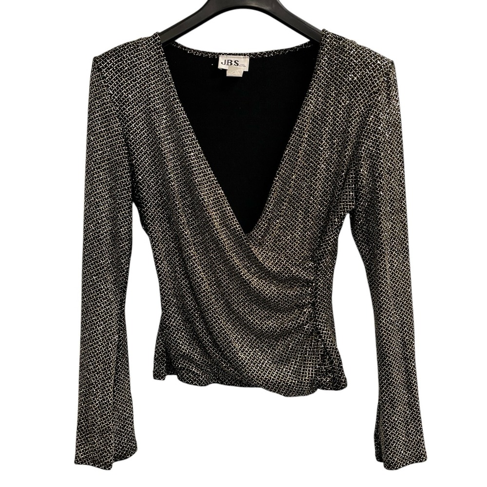 Vintage JBS Y2K Top Women L Black Gold Metallic Faux Wrap Flare Sleeve New Years